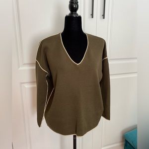 FRNCH olive brown long sleeve crew neck sweater with ivory gold piping size m/l